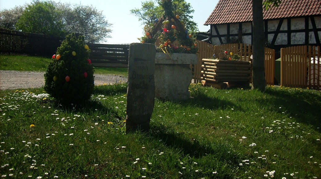 Easter well and historic signpost in Vogelgesang (Braunichswalde, Greiz district, Thuringia)