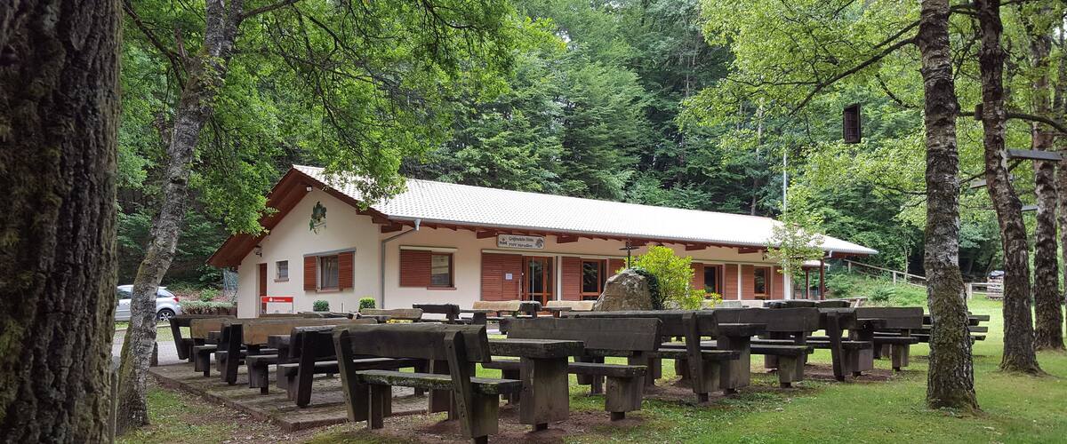 A rustic wooden building with picnic tables in a forested area.