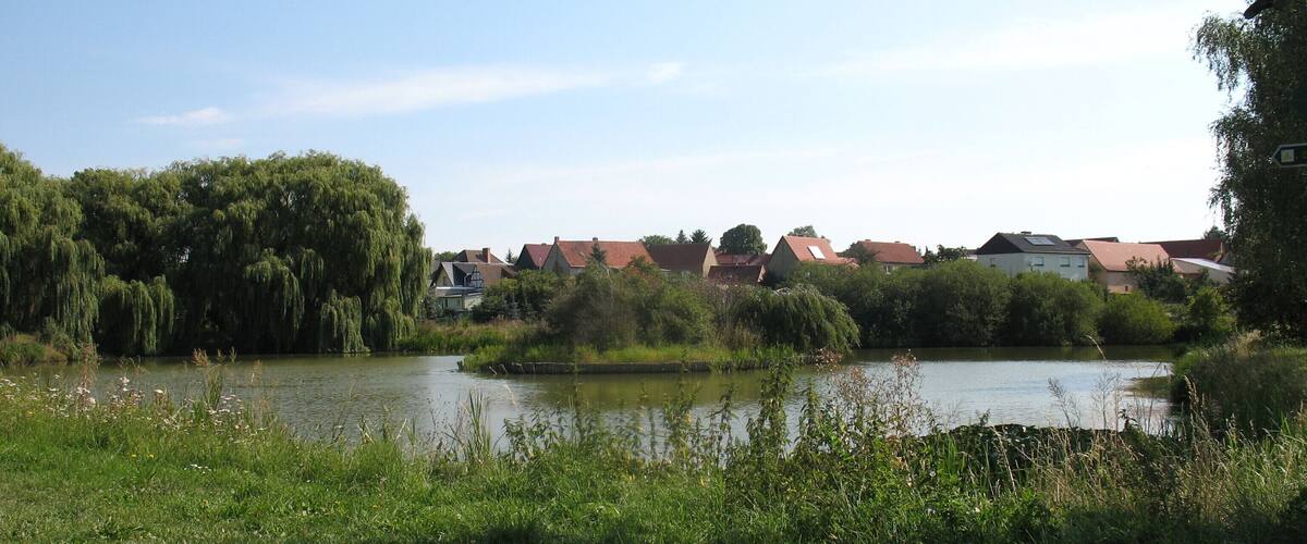 A calm river with houses in the background.