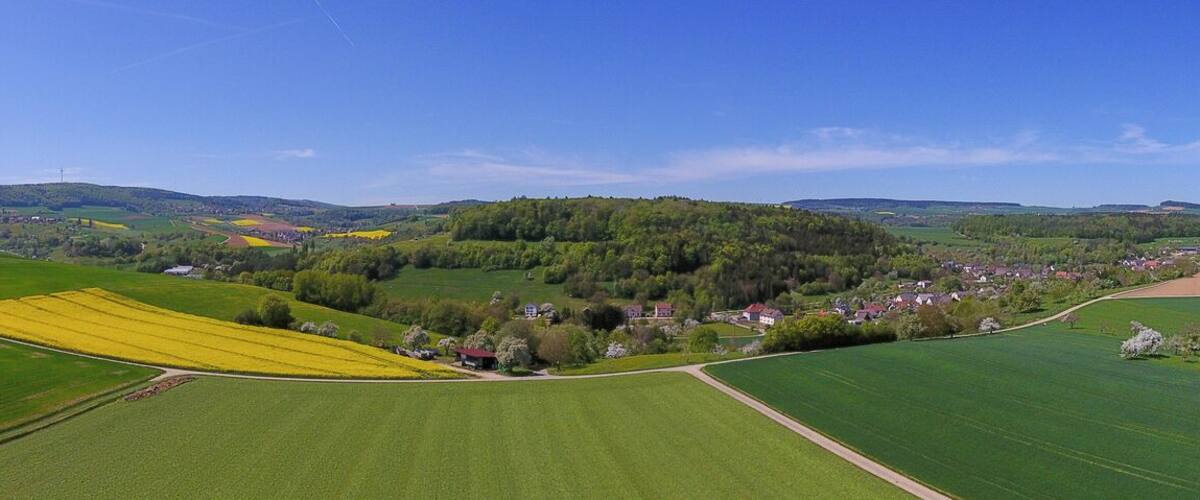 A panoramic view of a rural landscape with rolling hills, fields of crops, and scattered trees.