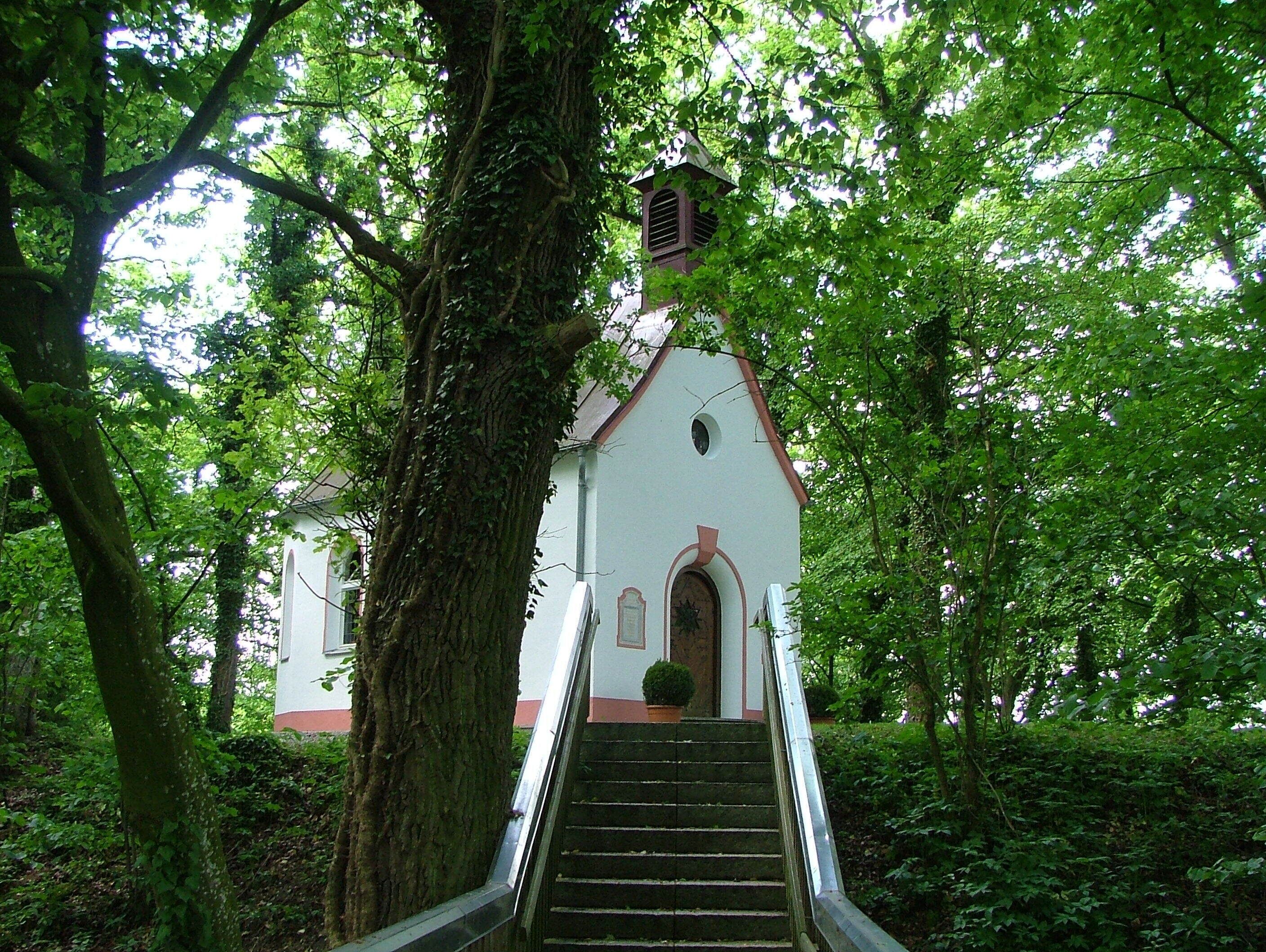 A white church with a red roof, surrounded by lush green trees.