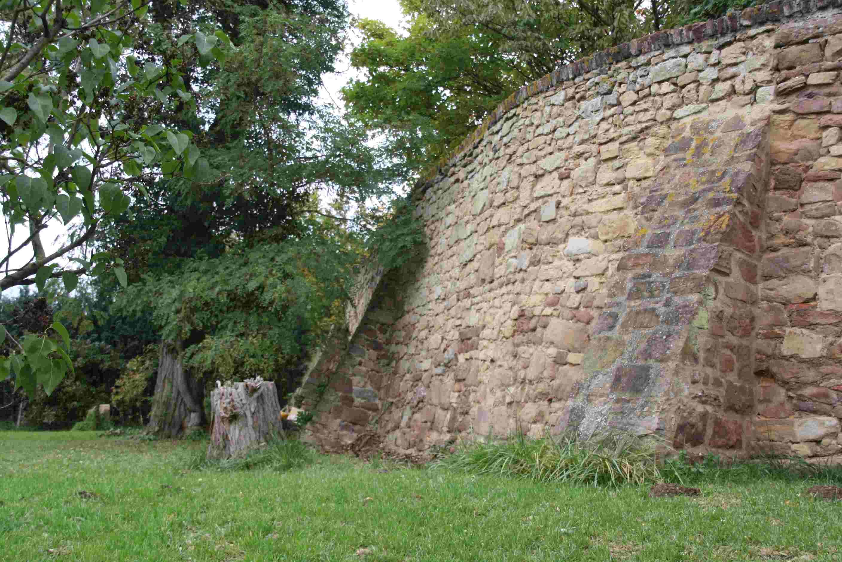 A stone wall with a grassy area and trees in the background.