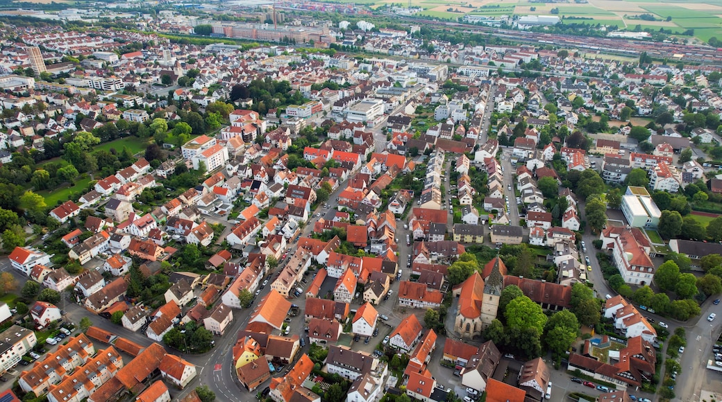 Aerial view around the old town in the city Kornwestheim on an sunny spring day