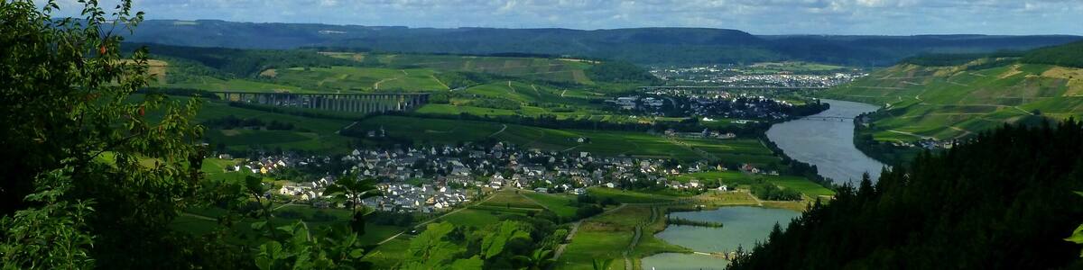 Blick ins Moseltal in Richtung Riol, Longuich und Schweich – links die Fellerbachtalbrücke A1