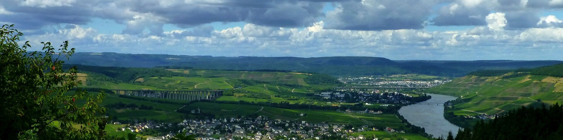 Blick ins Moseltal in Richtung Riol, Longuich und Schweich – links die Fellerbachtalbrücke A1