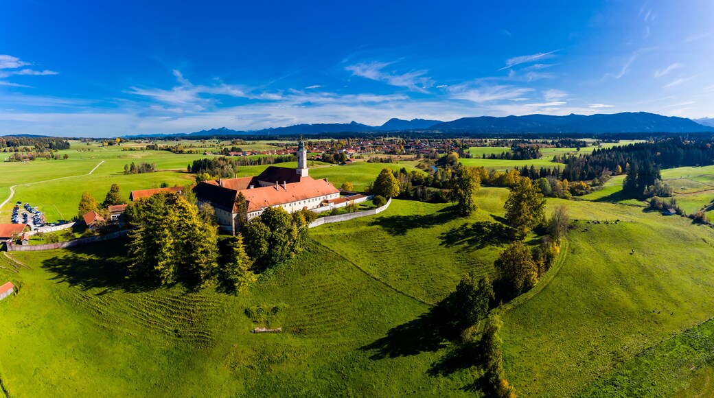 Aerial view of Reutberg Monastery, near Sachsenkam, Upper Bavaria, Bavaria, Germany,