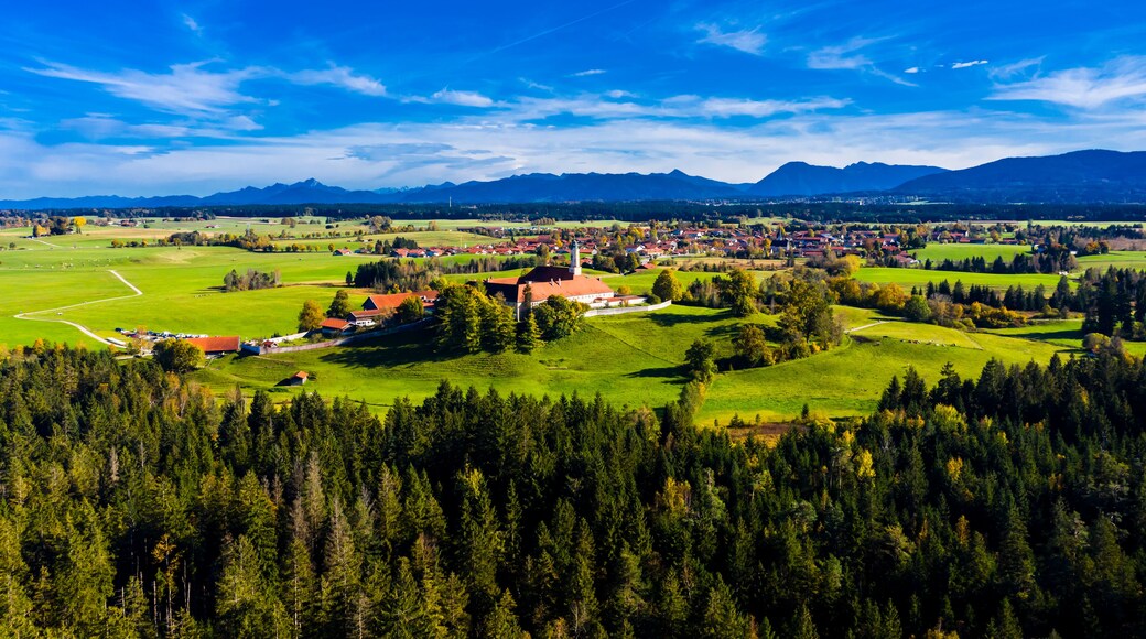 Aerial view of Reutberg Monastery, near Sachsenkam, Upper Bavaria, Bavaria, Germany,