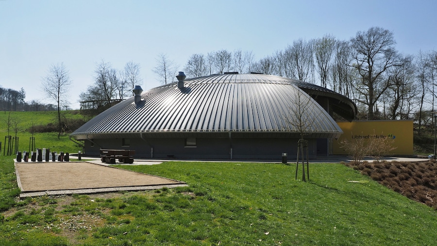 A modern building with a curved roof, surrounded by a grassy area and trees.