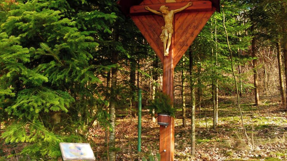 A wooden crucifix in a forest.