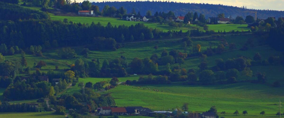 A rural landscape with rolling hills, scattered houses, and a dense forest in the background.