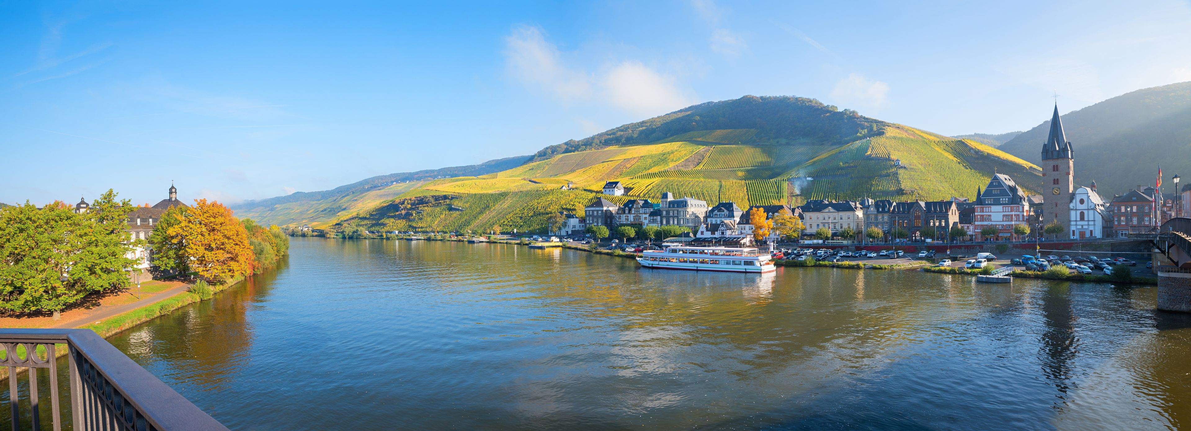 A river with a boat, a town with historic buildings, and a hill with vineyards.