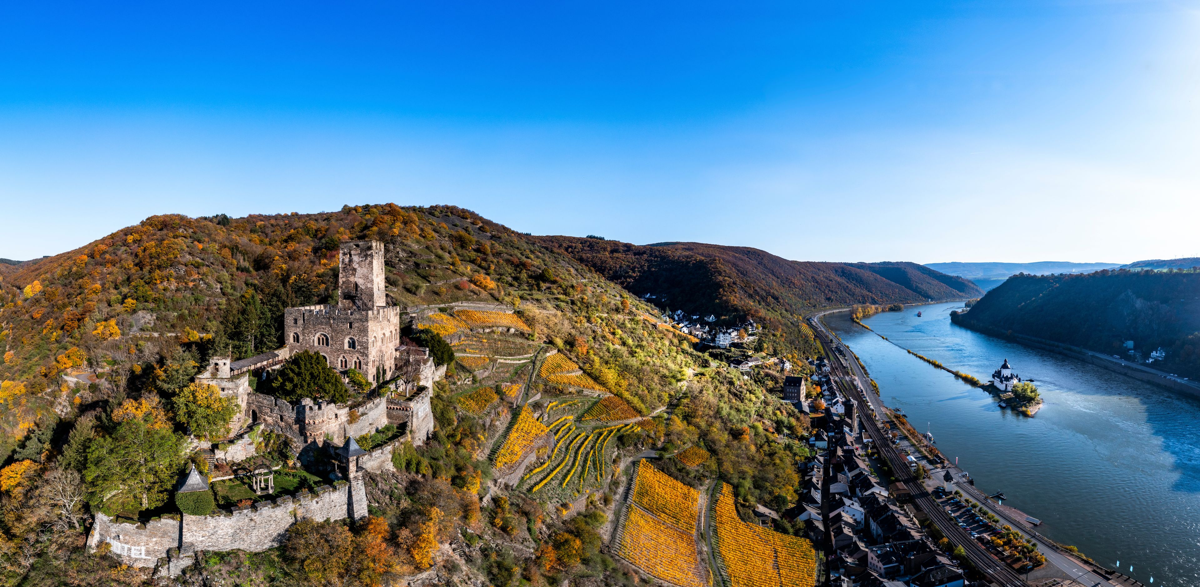 A castle on a hill, vineyards, a river, and a bridge.