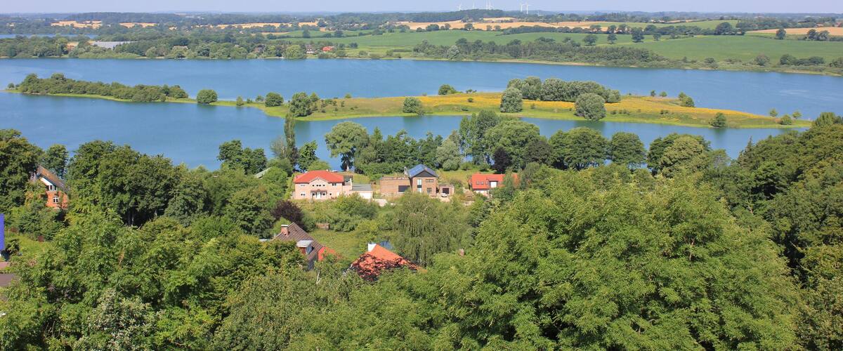 A lake surrounded by houses and trees.