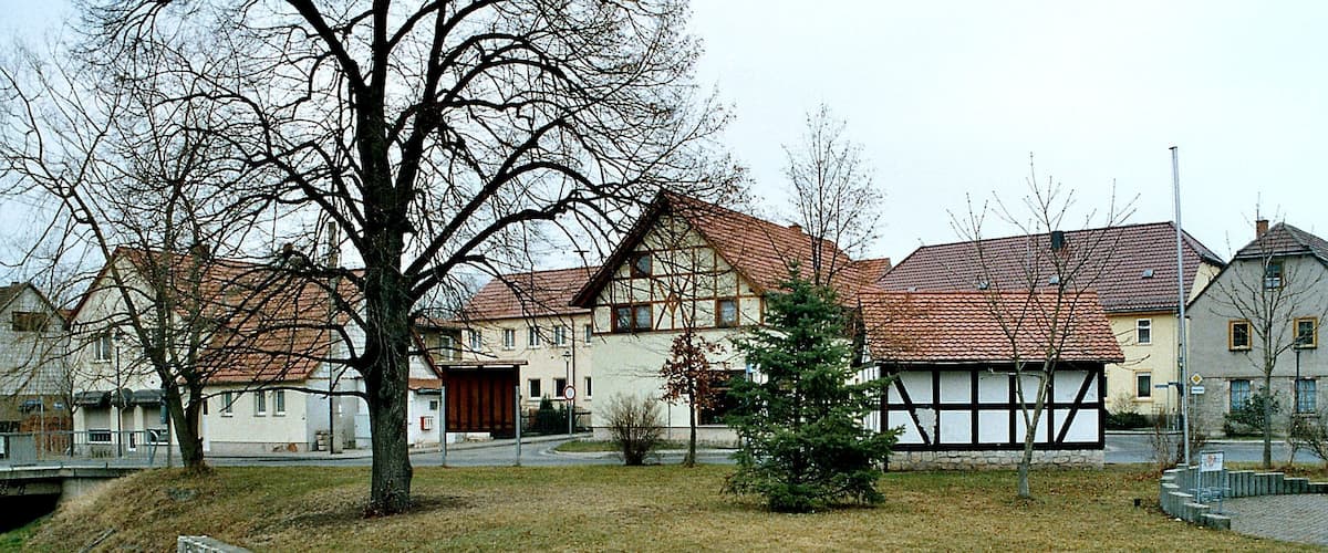 A residential area with houses, a stone wall, and a small tree.