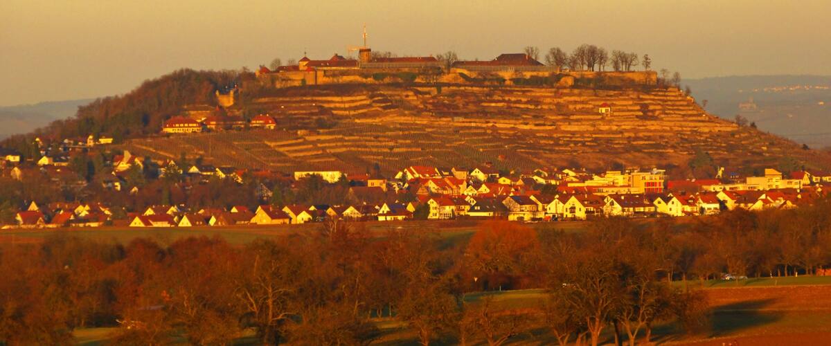 A town on a hill with terraced fields and a prominent tower.