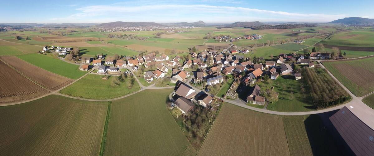 An aerial view of a rural village with houses, fields, and a mountain in the background.