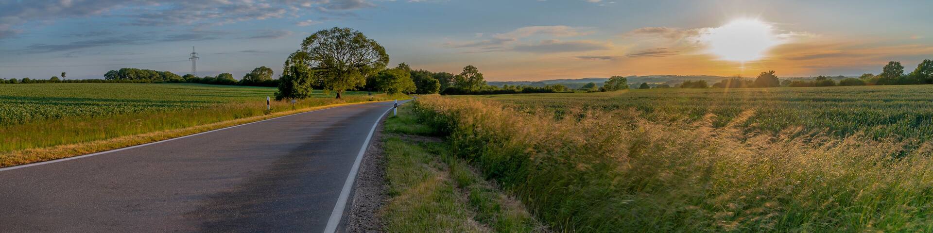 Panoramic view of the beautiful hilly landscape of Holstein Switzerland by Blekendorf, Schleswig-Holstein, GermanyCountry lane running through agricultural landscape with wheat fields, trees, schrubs