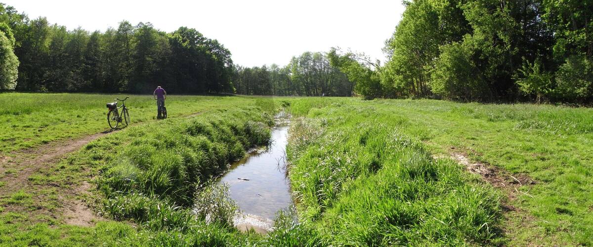 A narrow water channel in a grassy field with a bicycle and a person standing in the distance.