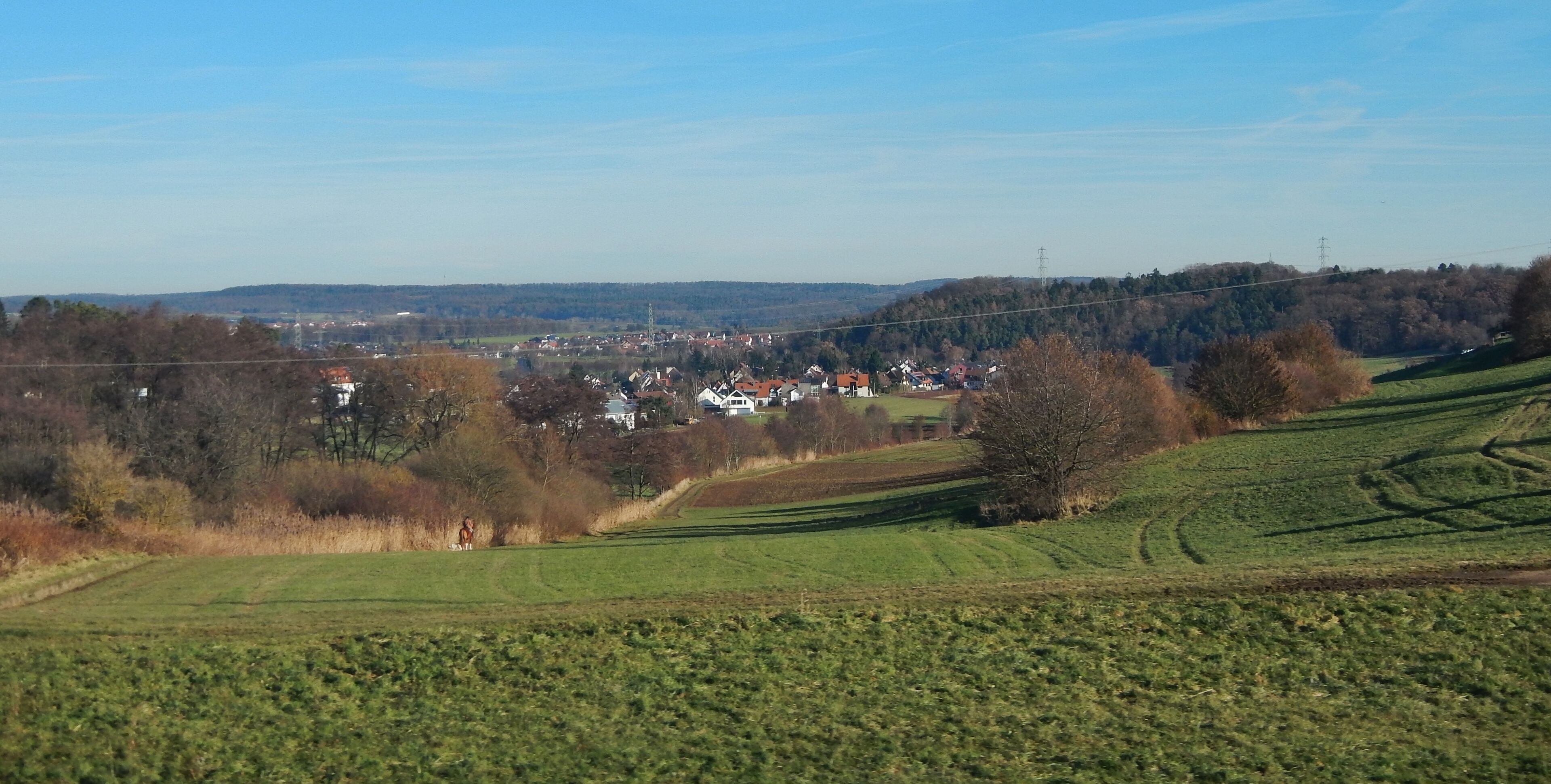 A rural landscape with rolling hills, a village in the distance, and a power line running across the scene.