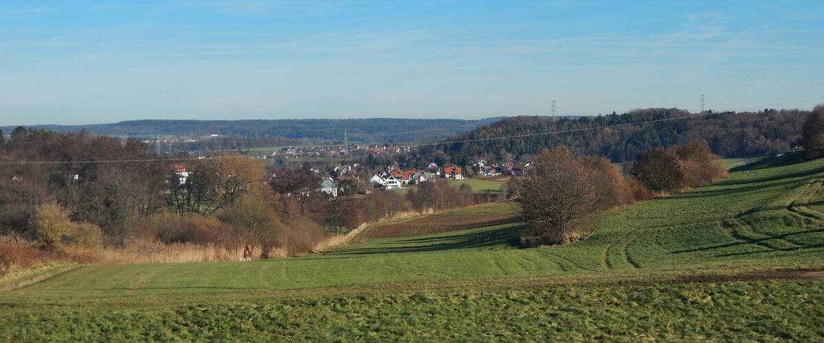 A rural landscape with rolling hills, a village in the distance, and a power line running across the scene.