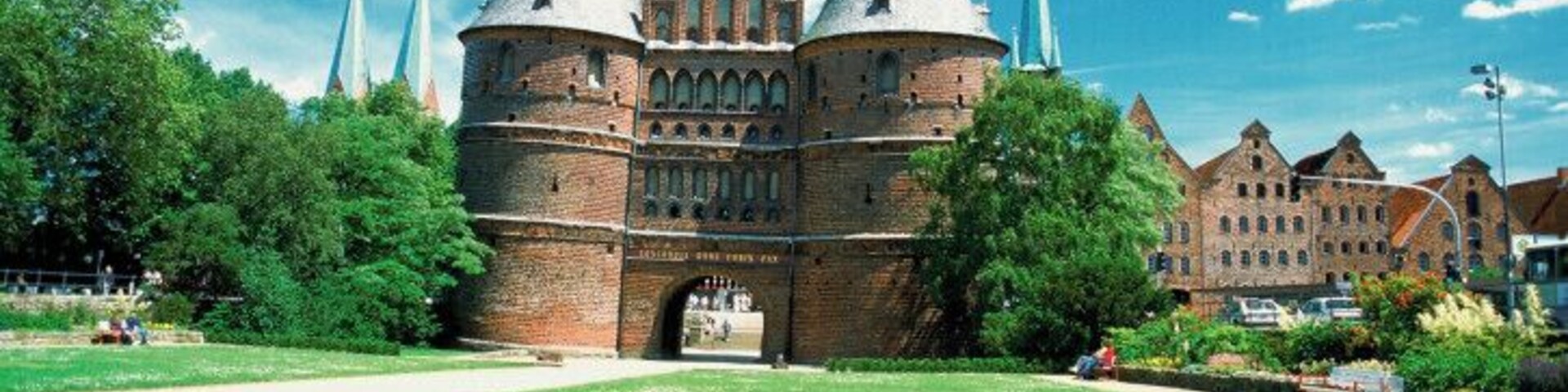 Garden in front of a building, Holsten Gate, Schleswig-Holstein, Lubeck, Germany