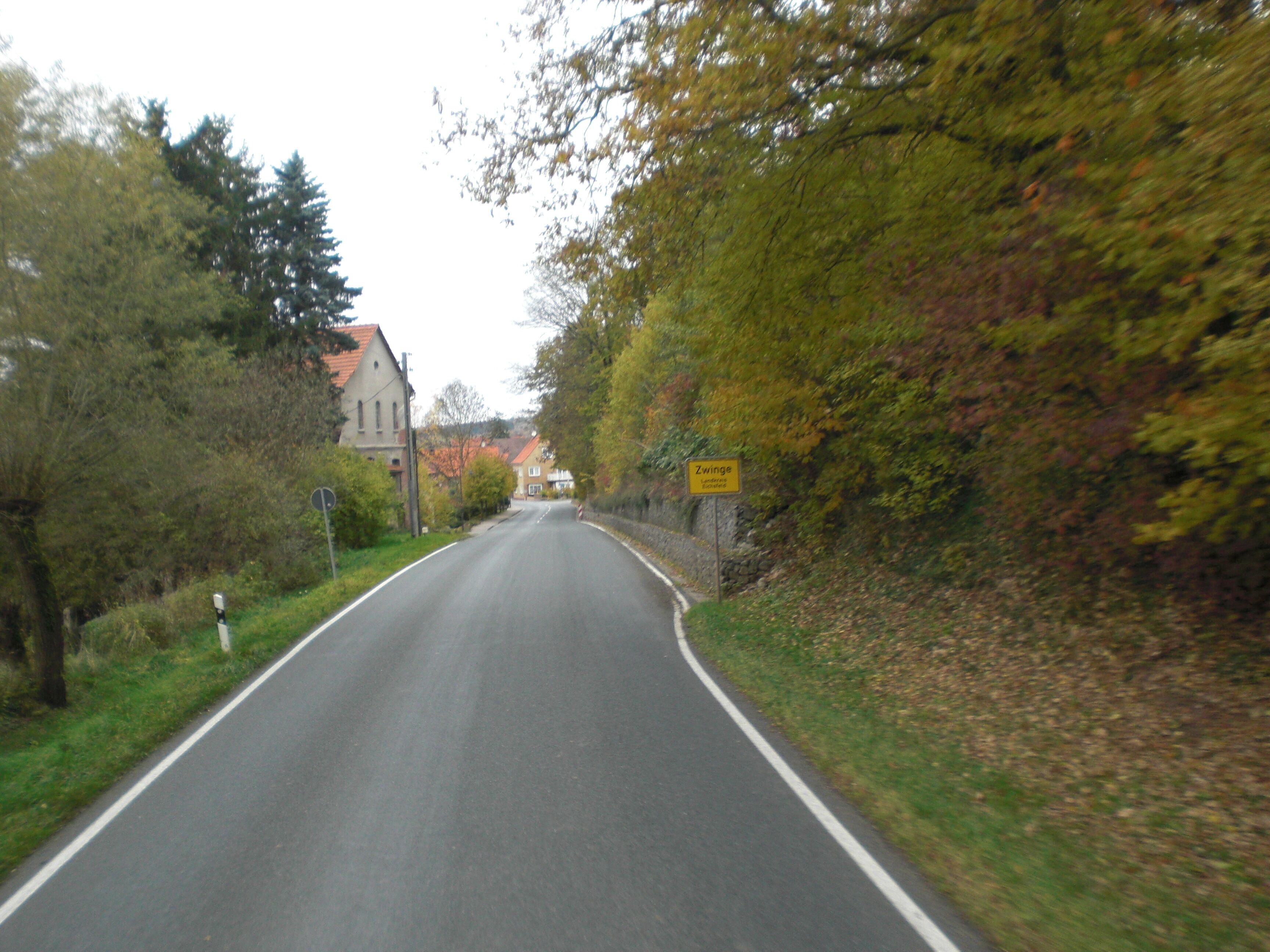 A rural road flanked by trees and houses.