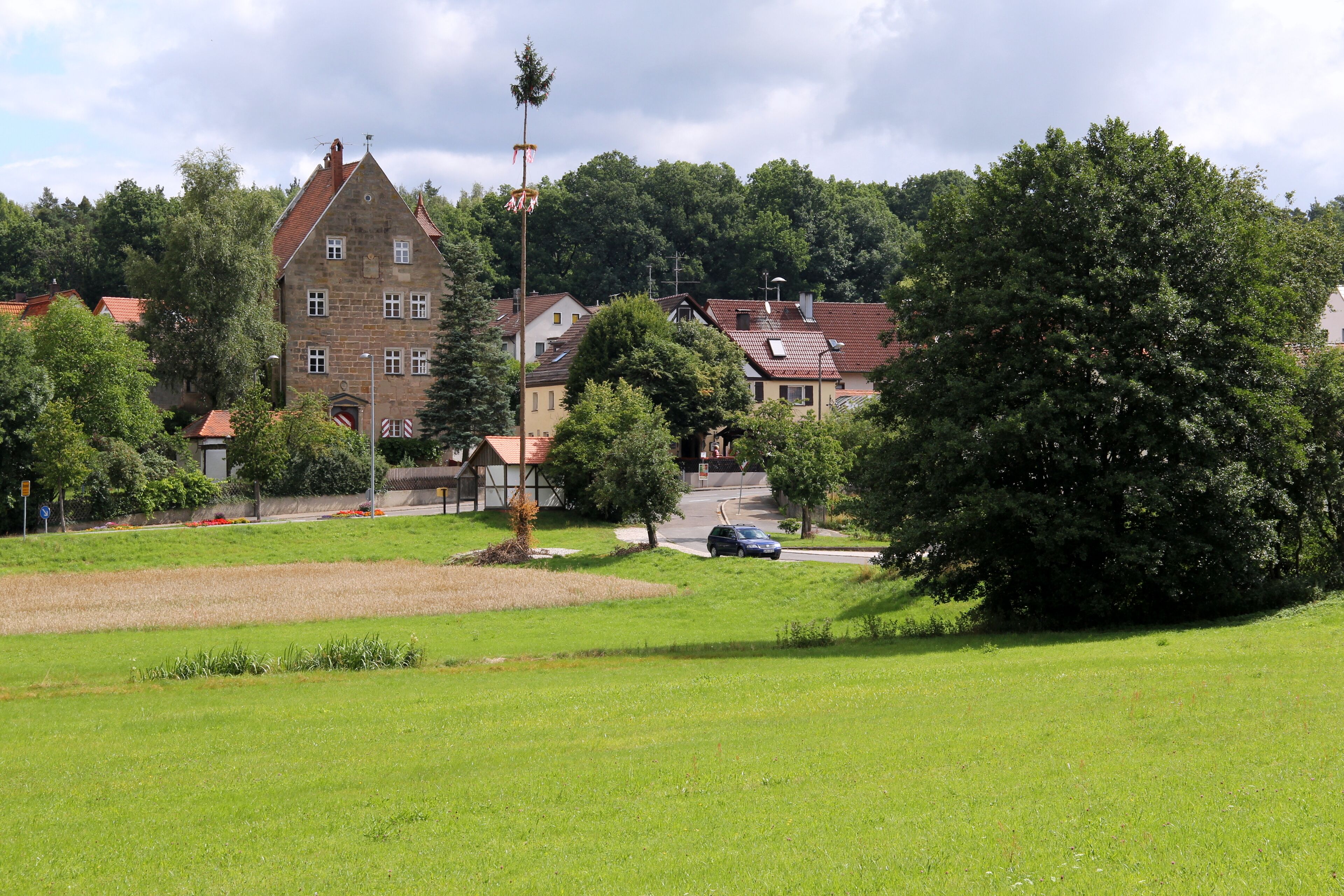 A green field, a large tree, and a building with a red roof.