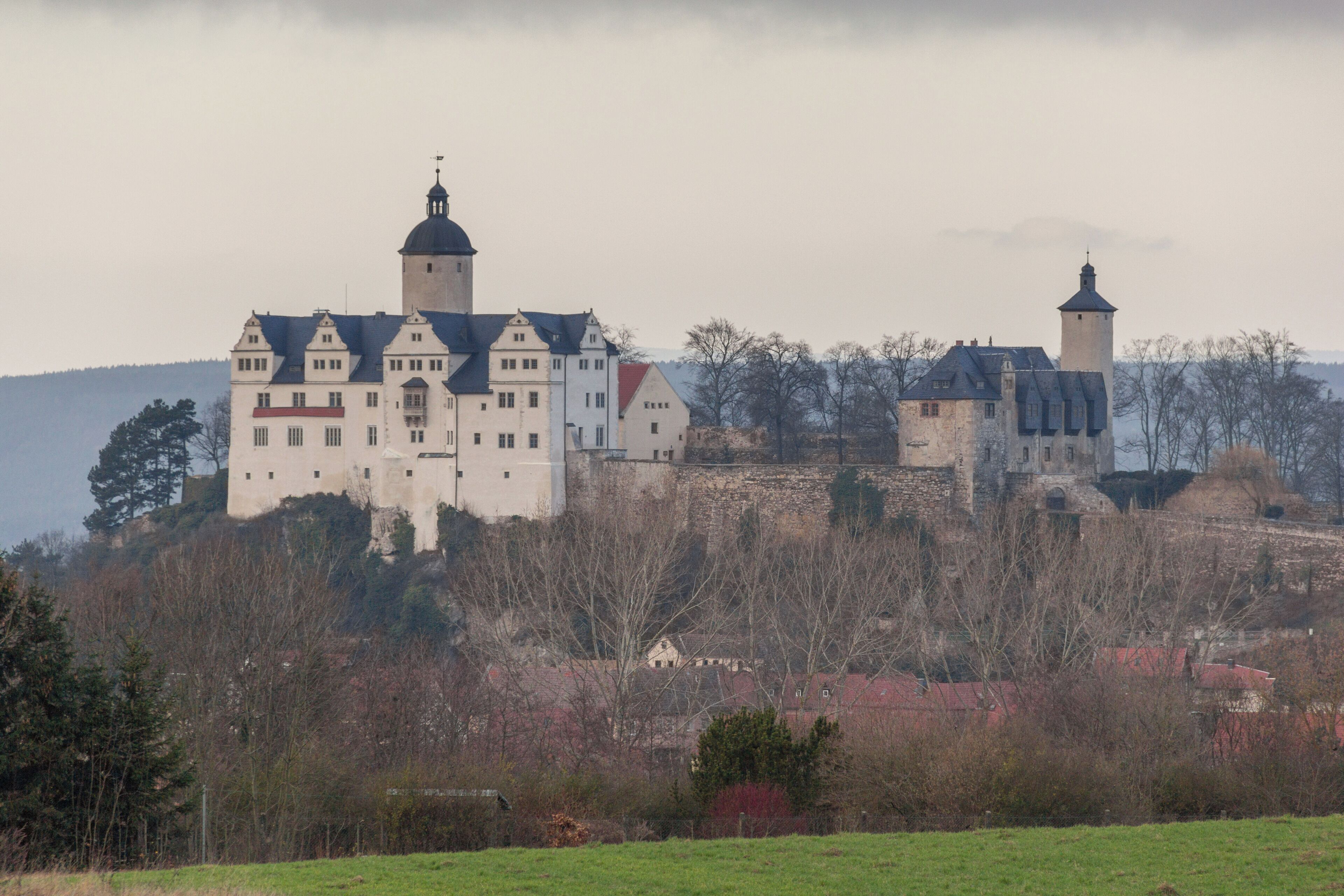 A castle with multiple towers and a large building with a red roof, surrounded by trees and hills.