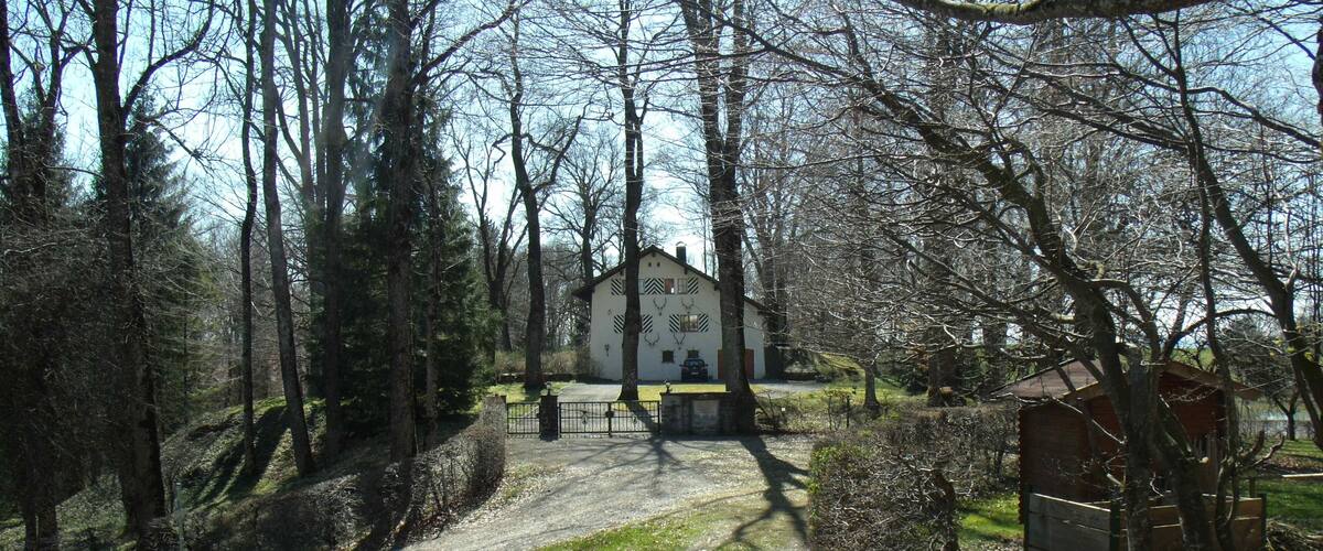 A forested area with a dirt path leading to a white building with a yellow roof.