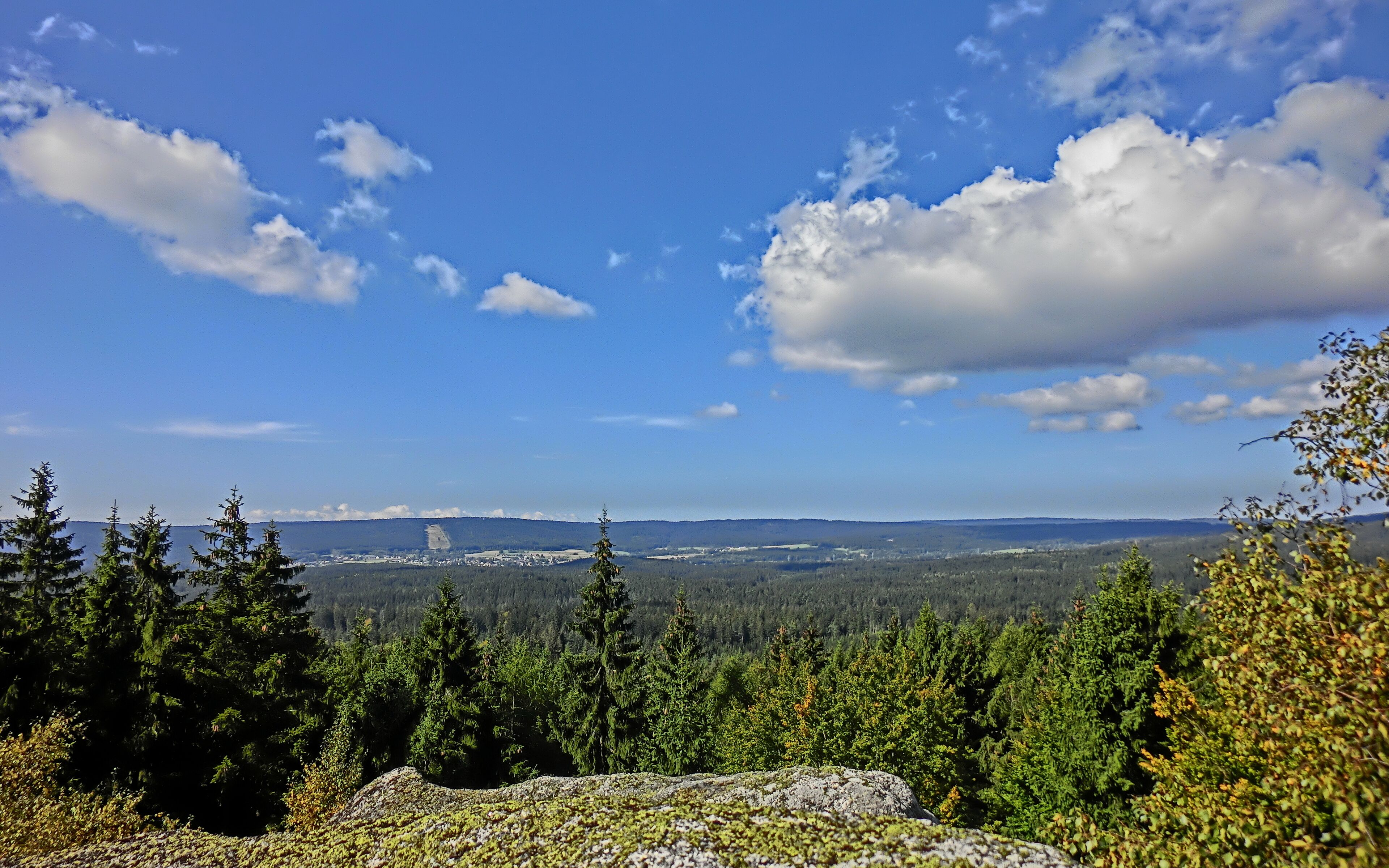 A mountainous landscape with dense forests, a clear blue sky, and distant hills.