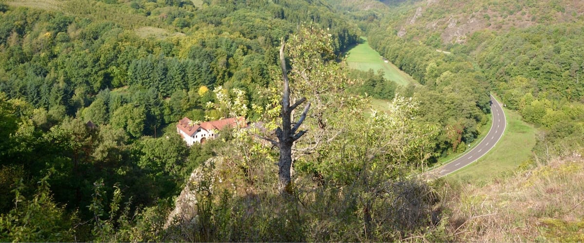 A winding road through a valley surrounded by dense forests and hills.