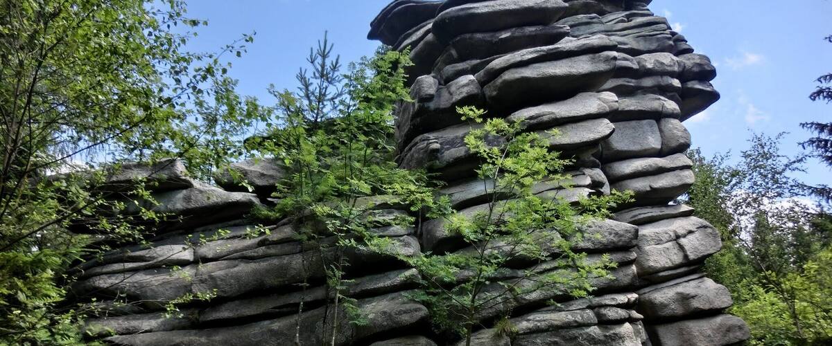 A large rock formation with layered strata, surrounded by lush green foliage and trees.