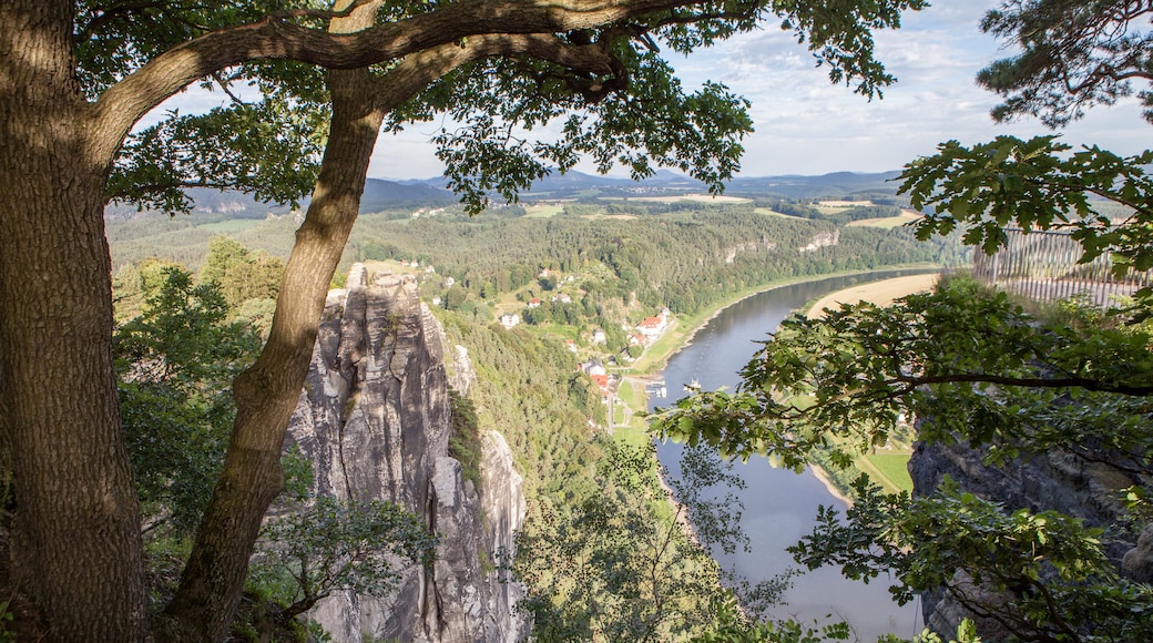 Um rio serpenteia por um vale, com um penhasco imponente e uma árvore em primeiro plano.