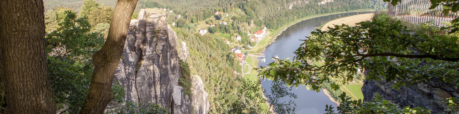 Um rio serpenteia por um vale, com um penhasco imponente e uma árvore em primeiro plano.
