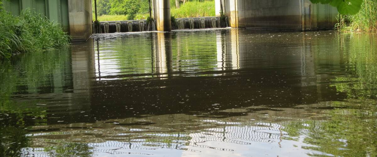 A bridge over a calm river with greenery around.