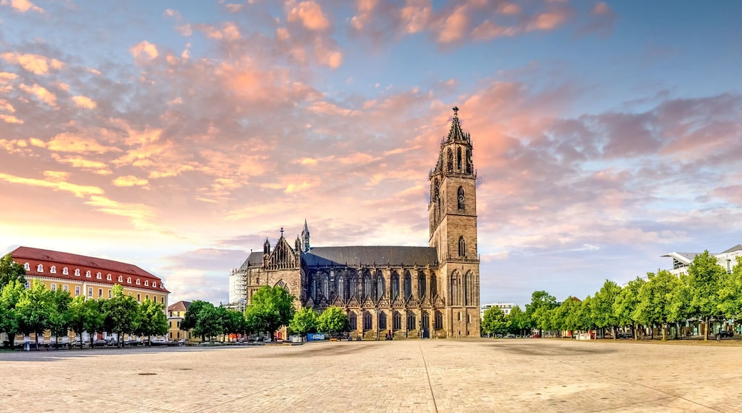 A cathedral with a tall spire, surrounded by trees and buildings.