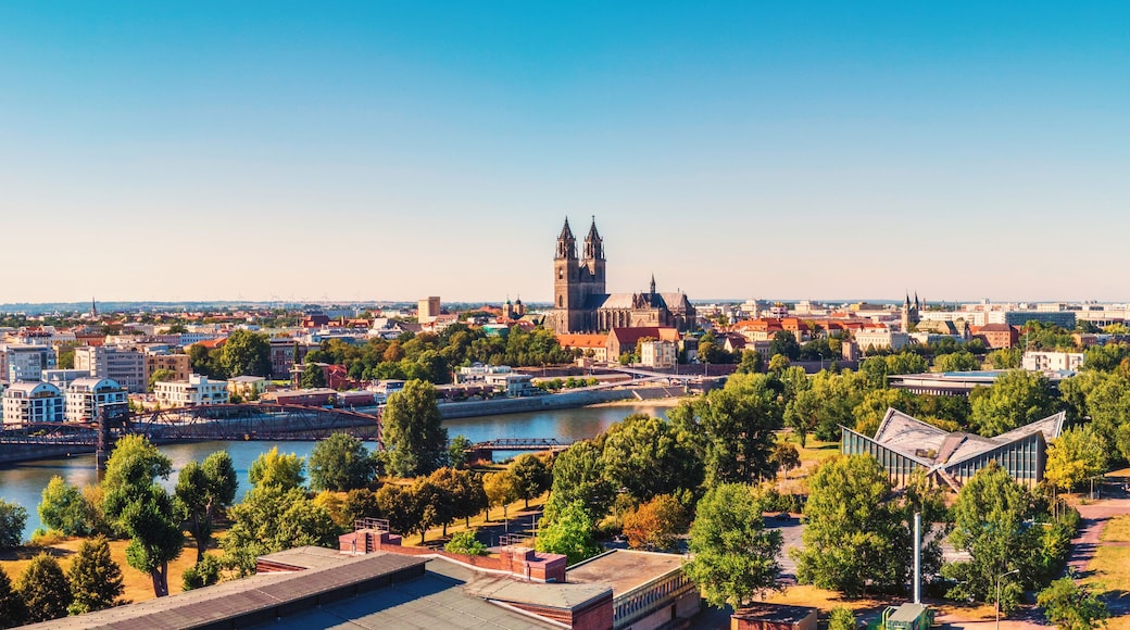 A cityscape with a prominent cathedral, a river, and surrounding greenery.