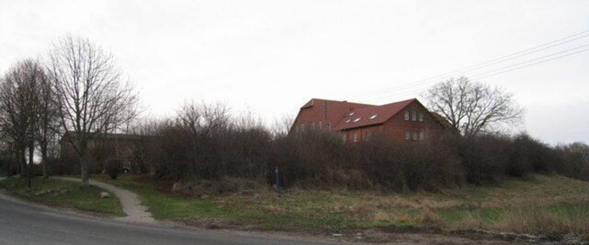 A rural road with a red-roofed building on the right, surrounded by trees and bushes.