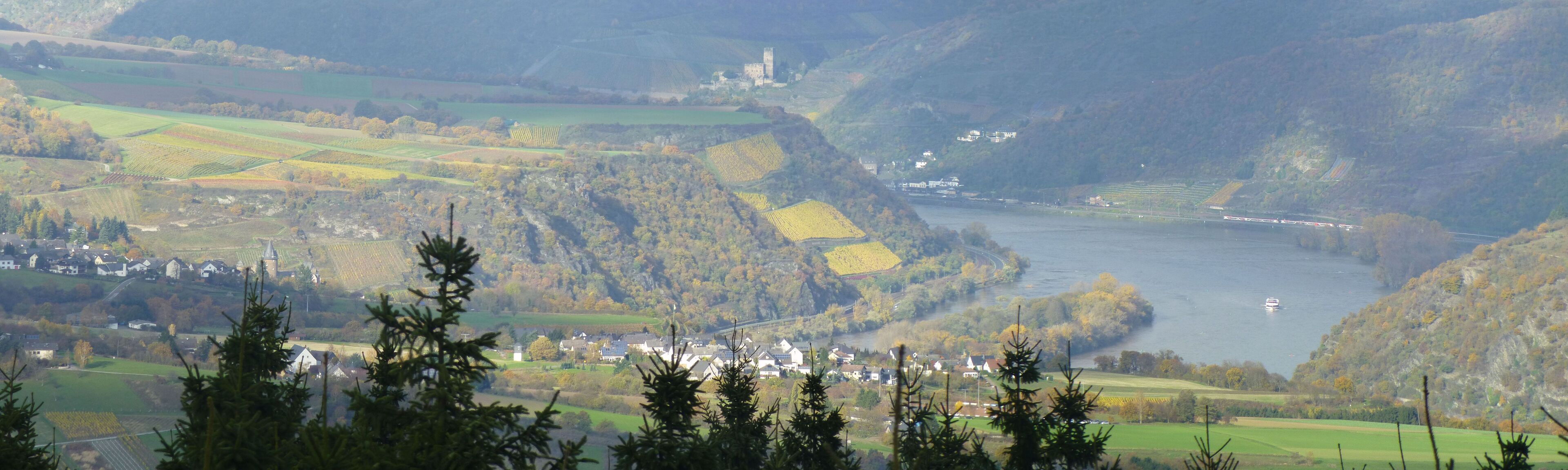 A valley with a river, houses, and a castle.