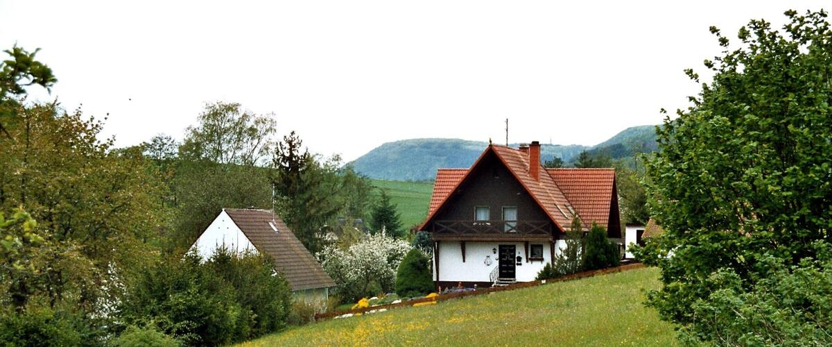 A house on a grassy hill with a red roof, surrounded by trees and a field of yellow flowers.
