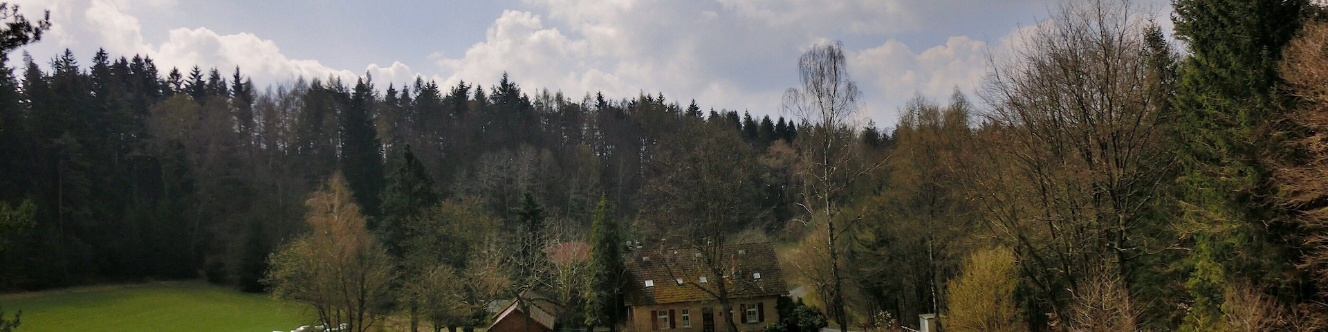 Un campo verde con una casa y árboles al fondo.