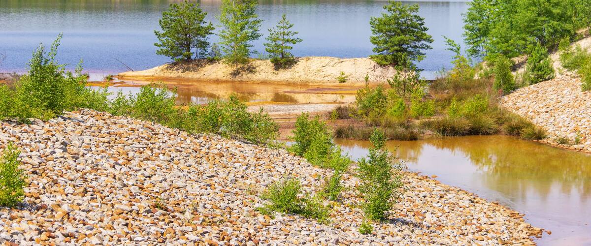 A lake surrounded by pebbles, trees, and a forested hillside.