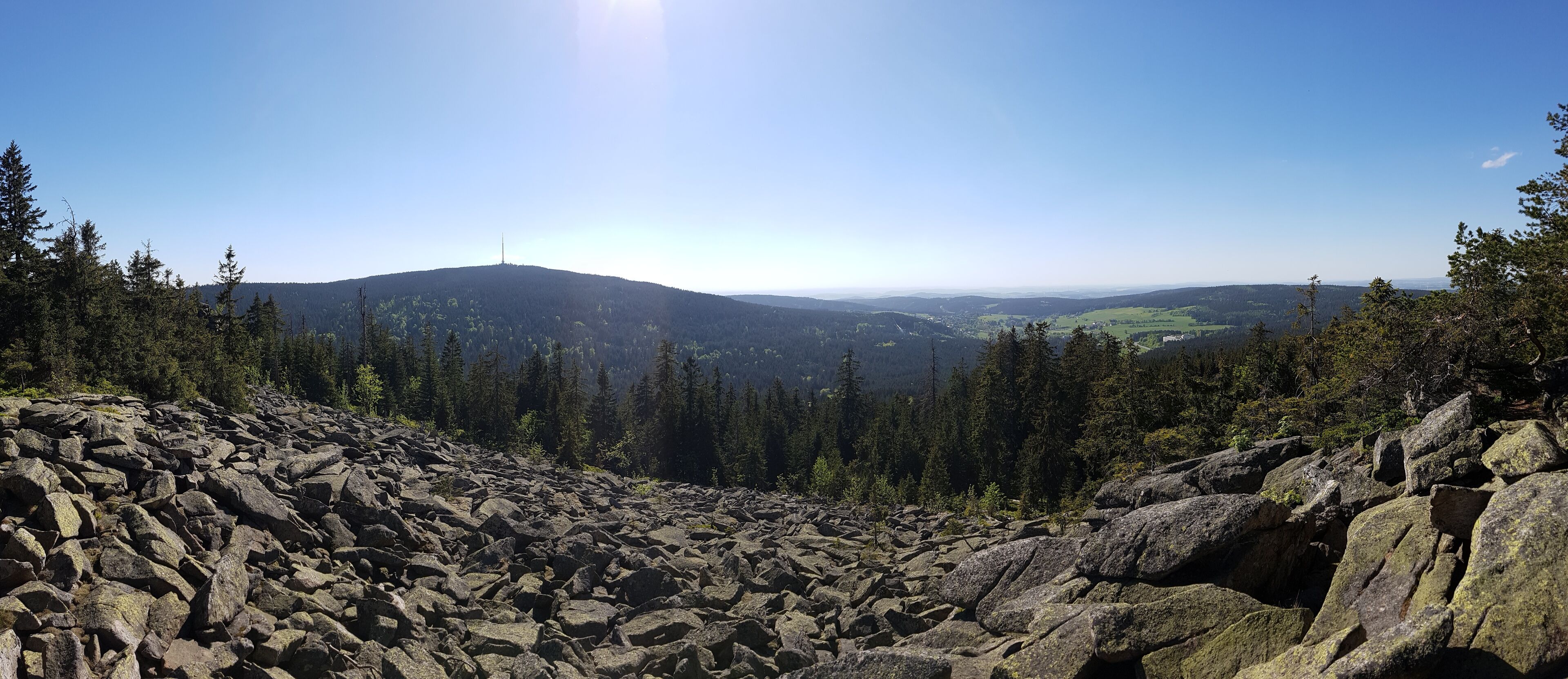 A rocky mountain landscape with dense forests and a clear sky.