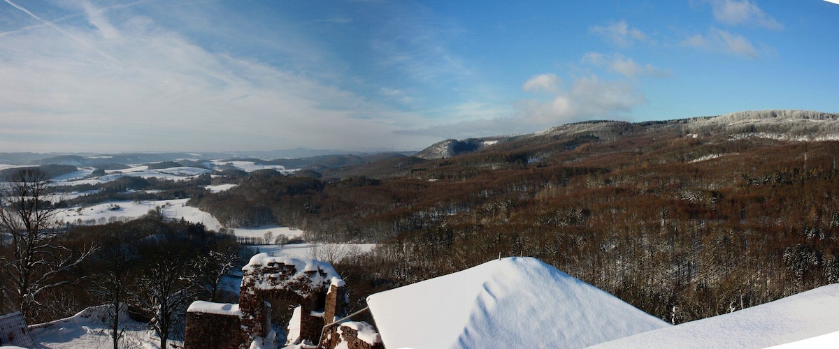 A panoramic view of a snow-covered landscape with rolling hills and a clear sky.