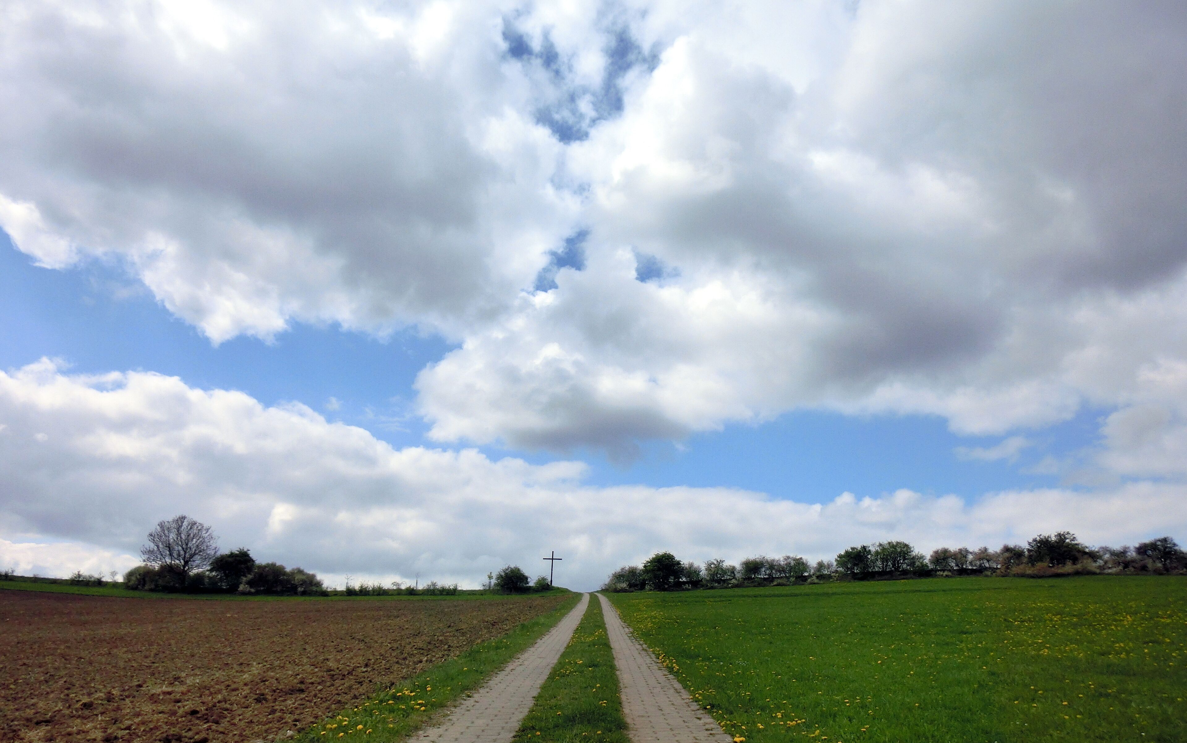 A rural landscape with a dirt path leading through fields, a cross in the distance, and a partly cloudy sky.