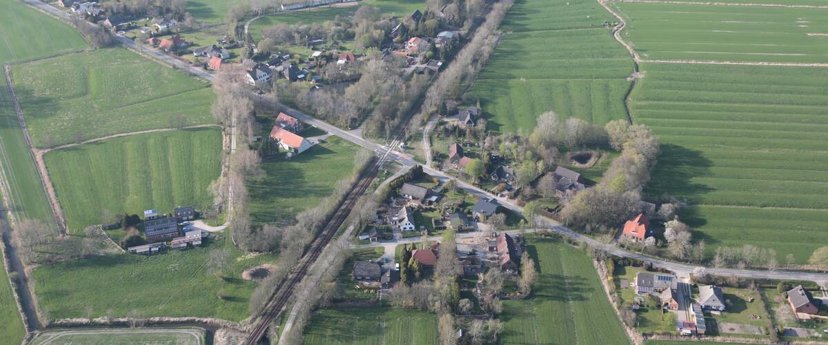 An aerial view of a rural area with fields, a railway line, and scattered houses.
