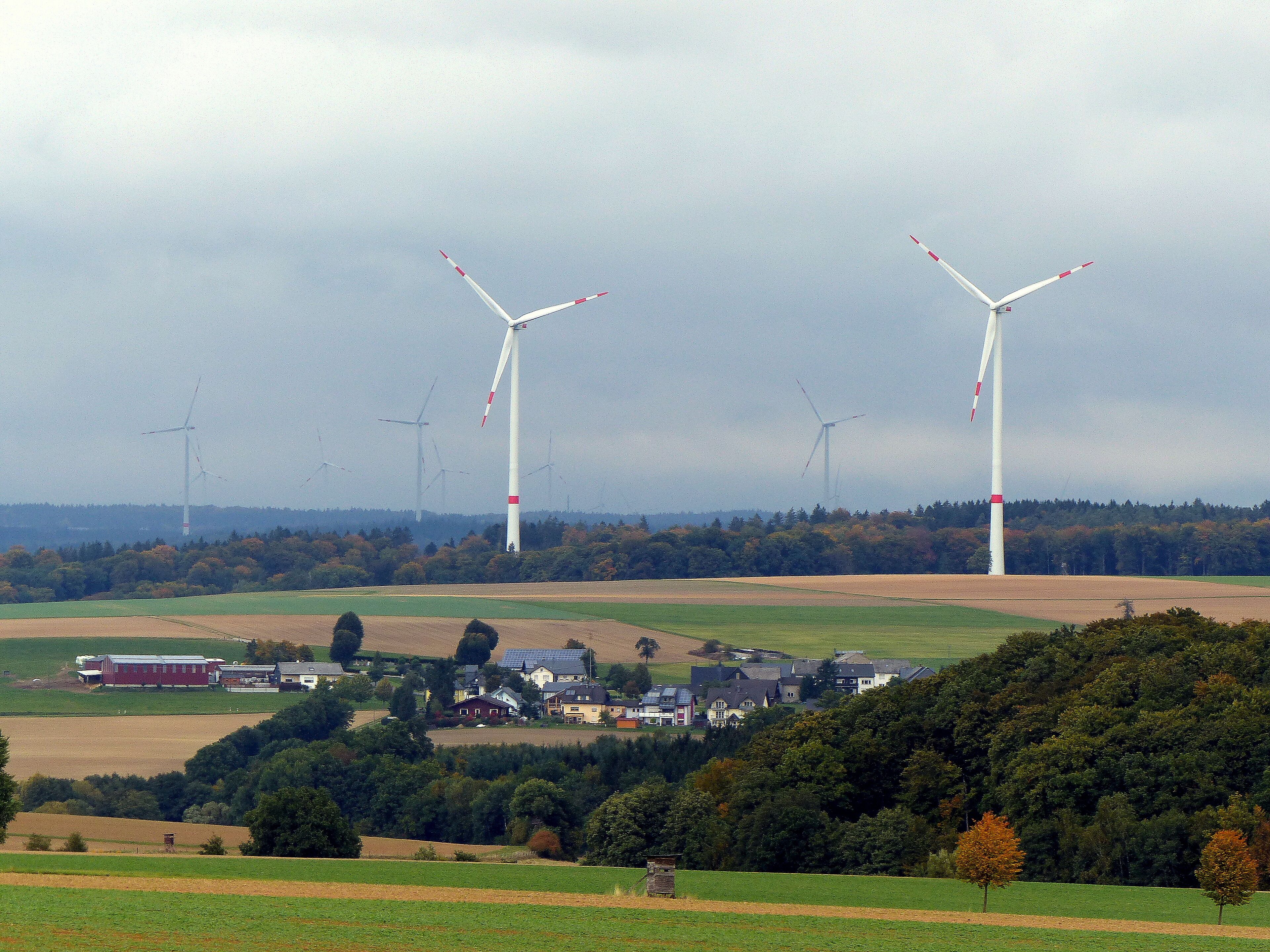 Wind turbines in a rural landscape with houses and fields.