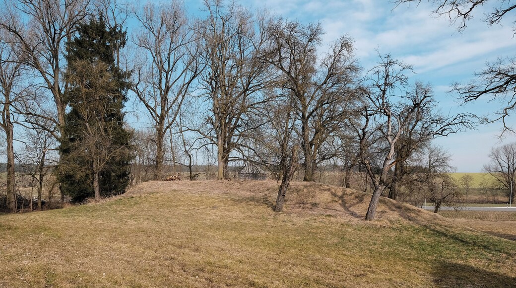 Demolished castle SchlöĂlesberg, Motte Bachritterburg, Kanzach, district Sigmaringen, Baden-WĂŒrttemberg, Germany