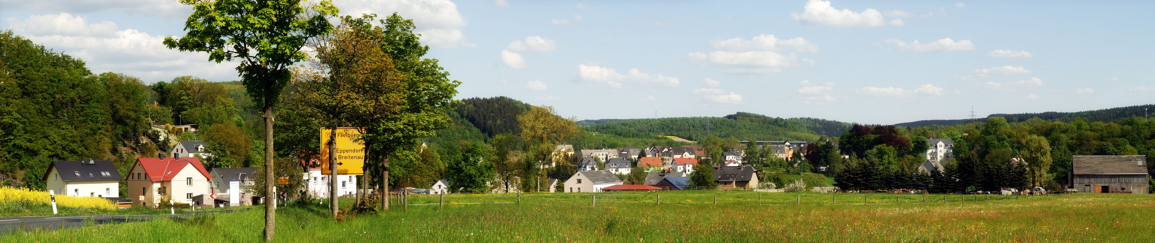 A rural landscape with houses, a road, and a signpost indicating directions to Eppendorf and Breitenau.