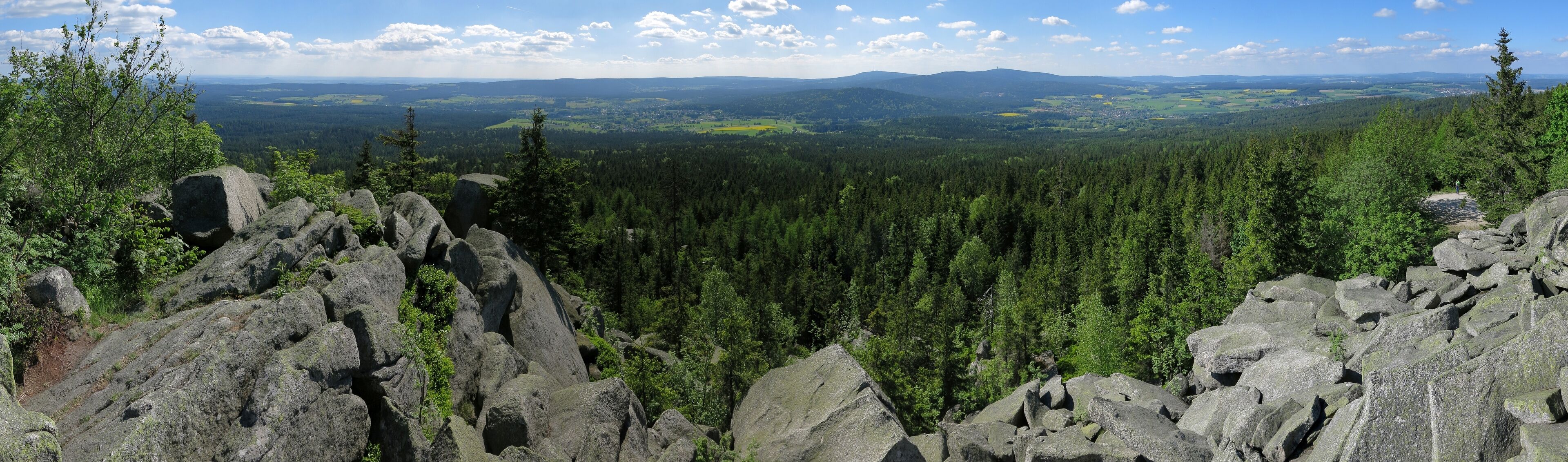 A mountainous landscape with dense forests and rocky outcrops.